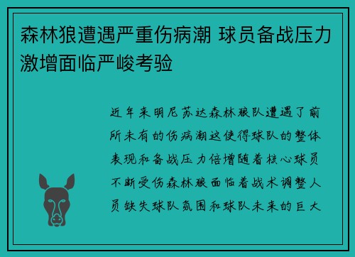 森林狼遭遇严重伤病潮 球员备战压力激增面临严峻考验