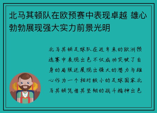 北马其顿队在欧预赛中表现卓越 雄心勃勃展现强大实力前景光明