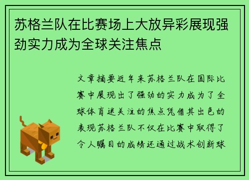 苏格兰队在比赛场上大放异彩展现强劲实力成为全球关注焦点