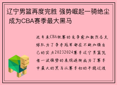 辽宁男篮再度完胜 强势崛起一骑绝尘 成为CBA赛季最大黑马