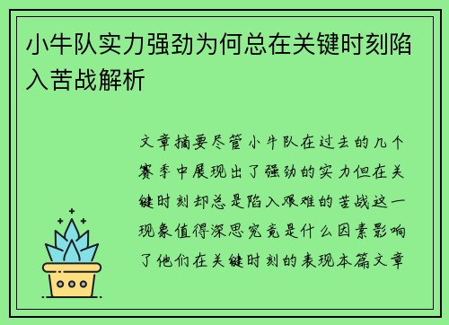小牛队实力强劲为何总在关键时刻陷入苦战解析