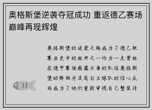 奥格斯堡逆袭夺冠成功 重返德乙赛场巅峰再现辉煌