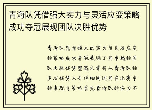 青海队凭借强大实力与灵活应变策略成功夺冠展现团队决胜优势